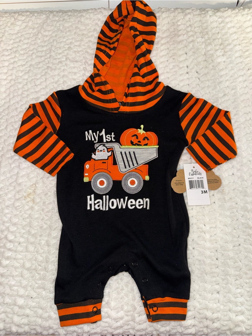 Baby Essentials Orange & Black Halloween Hooded Romper